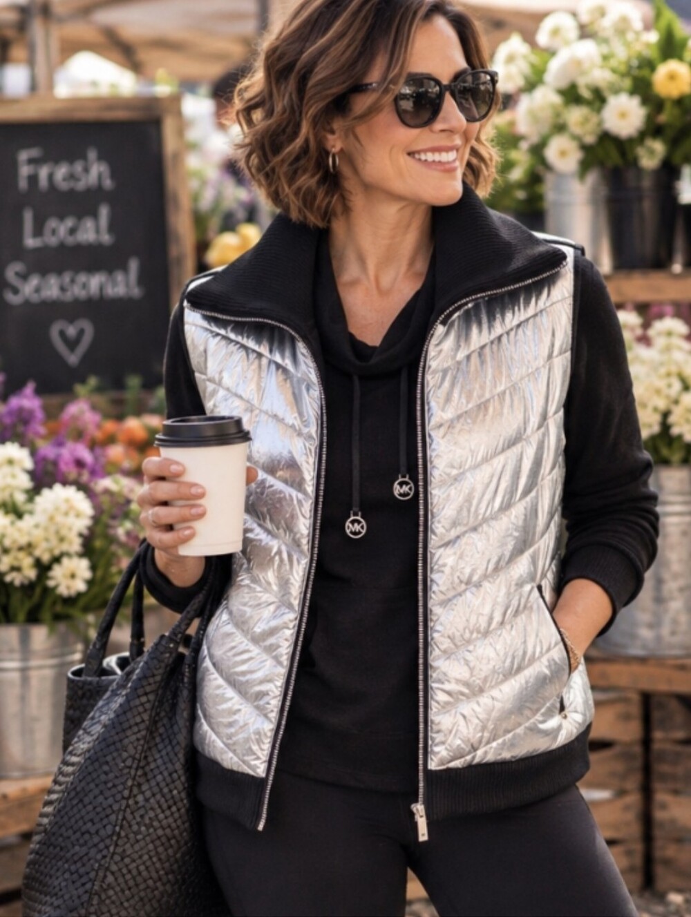 Michael Kors Metallic Silver Quilted Puffer Vest Black Sweater Back Trim Sz XL